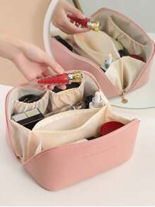 PU Leather Waterproof Cosmetic Bag, Large Capacity Double Layer Cosmetic Bag, Multifunctional Travel Storage Bag, Cosmetics Organization And Storage,Organization,Cosmetic Storage Bag, Skin Care Bag, Large Capacity Toiletries Bag, Travel Home Cosmetic Bag Organizer, Cosmetic Storage Bag