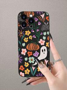 1 pièce Étui de téléphone avec motif citrouille fantôme, avec rebord surélevé pour la caméra et protection des bords en TPU, compatible avec 16/15/14/13/12/11 Pro Max, Galaxy S25/S24/S23/S21 et série A54/A53/A52/A34/A15, cadeau mignon pour les amis, la famille, les couples, les anniversaires - Noir - Voir 2