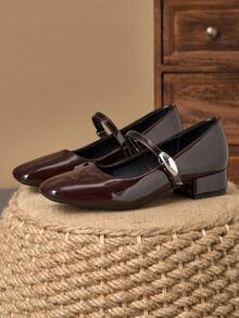 女士 3 厘米布面高跟时尚百搭白色玛丽珍鞋，适合所有季节 - 棕色 - 查看 6