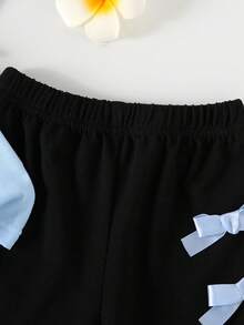可爱女宝宝夏季漂亮衣服套装，纯色创意蝴蝶结装饰圆领短袖T恤+纯色蝴蝶结短裤，两件套休闲夏季套装 - 藍色 - 查看 5