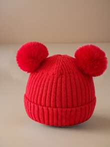 1 pieza Gorro de bebé recién nacido de punto, gorro de bebé para niñas y niños, gorro de lana gruesa, gorro con pompones, gorros de punto sólidos, accesorios para recién nacidos, cosas para mantener caliente, gorro para niños pequeños - Doble bola - Ver 19