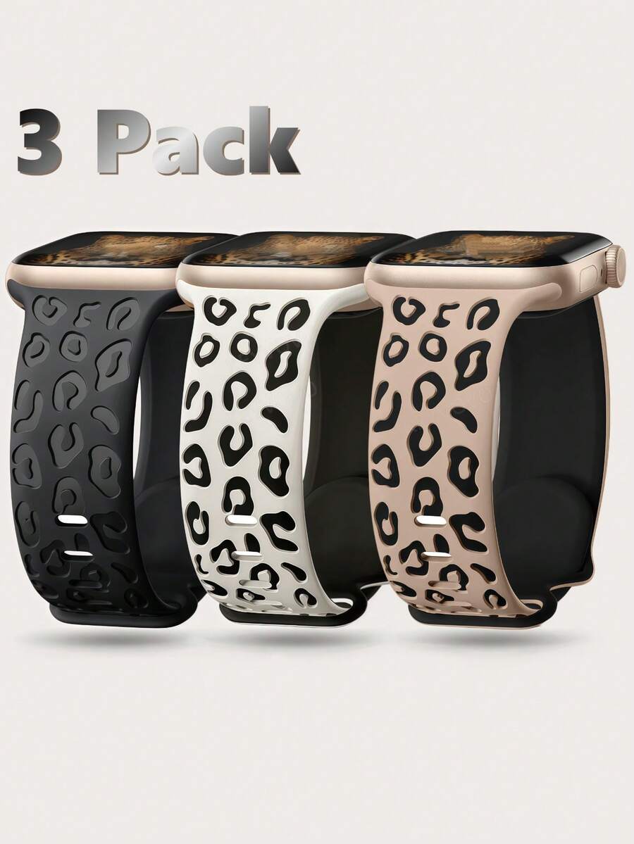 3件組雙色豹紋雕刻錶帶，適用於Apple Watch 49mm 46mm 45mm 44mm 42mm 41mm 40mm 38mm，波西米亞豹紋運動矽膠腕帶，適用於Apple Watch Series Ultra 11 10 9 8 7 6 5 4 3 2 1 SE，男女通用，返校季