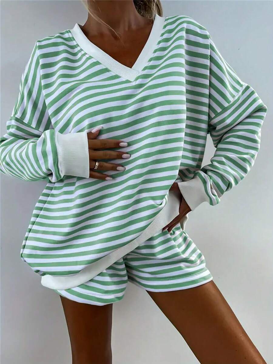 Women's Striped Print& Color Block V-Neck Casual Set With Ribbed Cuffs- Comfy Polyester Knit Outfit, Machine Washable, Perfect For Fall/Winter - màu xanh lá - Xem 1