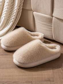 2025 Autumn/Winter New Thick Sole Solid Color Plush Warm EVA Height-Increasing Women's Indoor Slippers (Sole Color May Vary By Batch) - Beige - View 4