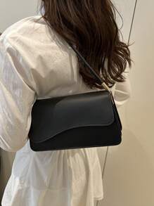 Fashionable Solid Color Asymmetrical Flap Vintage Minimalist Elegant Shoulder Bag , Small Bags , Vintage Bag , Office - Black - View 2