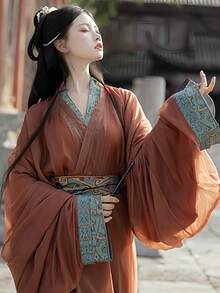 2025 Improved Hanfu Women Flared Sleeve Immortal-Fairy Style Ombre Everyday Commute Dress, Temperature-Regulating Silk, Chinese Style - Red - View 6