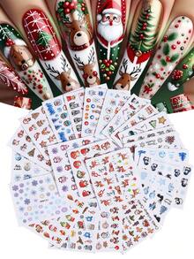 Calcomanías para decoración de uñas para fiestas, 24 hojas de pegatinas de arte de uñas festivas de Navidad, calcomanías de transferencia de agua para uñas de invierno con diseños de hombre de jengibre, Papá Noel, árbol, pingüino, ciervo, estrella y otros diseños lindos para decoración de manicura de Año Nuevo, suministros DIY de marca de agua