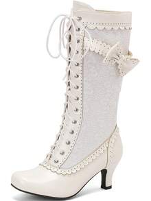 LUXMAX Women Gothic Victorian Boots Low Kitten Heel Mid Calf Boots Lace Up Cute Bow Boots For Ladies Witch ShoesChristmas - Z-深綠色 - 查看 5