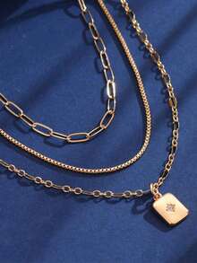 3 件/套金色多层堆叠方晶锆石方形回形针盒链和闪亮方晶锆石矩形吊坠项链女士首饰（链条、扣环和珠子数量随机） - 金色 - 查看 2