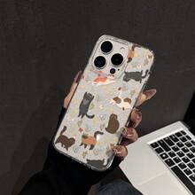 Floral & Cute Cat Pattern Phone Case, Compatible With Iphone 16 Pro Max, 15, 14 Plus, 13, 12, 11 Protective Cover - Transparent Frame Flash Point - View 2