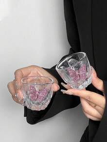 1pc/2pcs Japanese Style Glass Teaware, Wabi-Sabi Kung Fu Tea Cups, Pink Butterfly Small Tea Cups, Glacier Cups, Home & Dining Decor, Elegant Luxury Single Sip Glasses - Transparent - View 6
