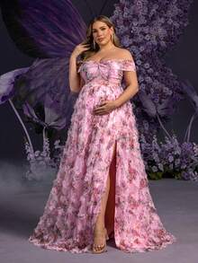 Faeriesty Dressalisa Plus-Size Flower Pattern Maternity Gown With Off-Shoulder Back Tie & High-Slit Tulle Hem – Elegant Romance Maternity Dress For Spring/Summer Weddings, Parties & Glam Events (Flattering Silhouette, Confident Glamour) - Pink - View 2