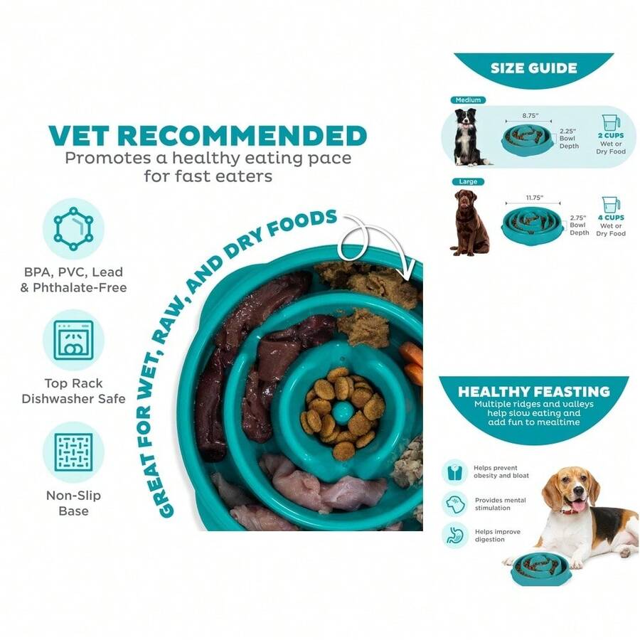 Outward Hound Medium Turquoise Plastic Slow Feeder Dog Bowl - Lightweight, Portable For All Dog Breeds - Màu xanh lam - Xem 1