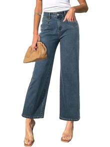 Sidefeel Wide Leg Jeans Straight Leg Denim Pants Zimbaplatinumhalloween - Màu xanh cổ điển - Xem 1
