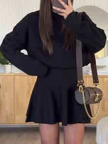 PoPoHouse 女士针织连衣裙，优雅收腰半身裙，适合通勤，秋冬季 - 黑色 - 查看 3