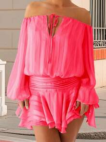 Women's Tube Top Mini Dress Fashionable Backless Strapless Long Sleeve Smocked Ruffled Dress - Hot Pink - View 2
