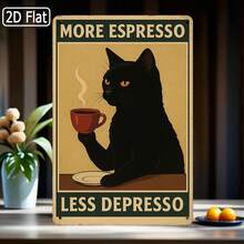 1 Piece Fun Coffee Decoration - More Espresso Less Melancholy Vintage Kitchen Sign With Black Cat, Vintage Cafe Wall Art Poster - Heavy Metal Plaque Suitable For Home, Office, Coffee Bar - Indoor And Outdoor Weatherproof Decoration - Perfect Gift For Coffee Enthusiasts, Coffee Bar Accessories, 2D Graphic Design, Great Room Decoration - 彩色 - 查看 7