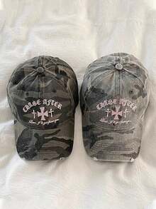 1 件复古美国可爱迷彩十字刺绣棒球帽，情侣街头时尚迷彩帽，适合所有比赛，做旧软冠 Snapback，嘻哈弧形帽檐帽 - 彩色 - 查看 11