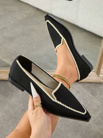 Women's Fashion Loafers, Party Shoes, Banquet Shoes, Color Block Patchwork Preppy Style Fabric Outdoor Shoes, All Season