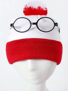 1pc Autumn/Winter Simple Color Block Knit Beanie Hat, Unisex Casual Versatile Christmas Knit Hat With Decorative Glasses