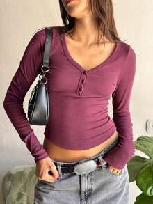 Womens Long Sleeve Henley Shirts Casual Spring Fall Crop Tops Slim Fitted Cute Ribbed Basic Tees Solid V Neck Going Out Tunic Blouse - Red Violet - View 4