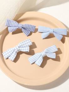 4pcs Minimalist Solid Color + Plaid Preppy Style Bowknot Hair Clips, Suitable For Daily Life And Campus Activities For Girls - Multicolor - View 4