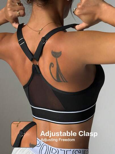 Zwart Round Neck Removable Padded Mesh Splice Elastic Com Tafel Sports Knit BH view 2