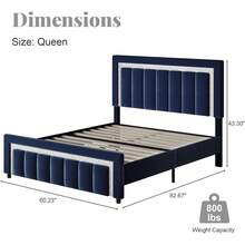 Twin/ Full/ Queen/ King Bed Frame With Headboard And Footboard, Velvet Upholstered Platform Bed Frame With Diamond Design, No Box Spring Needed, Easy Assembly, Black/ White/ Pink/ Blue/ Green, Twin/ Full/ Queen/ King - 藍色 - 查看 9