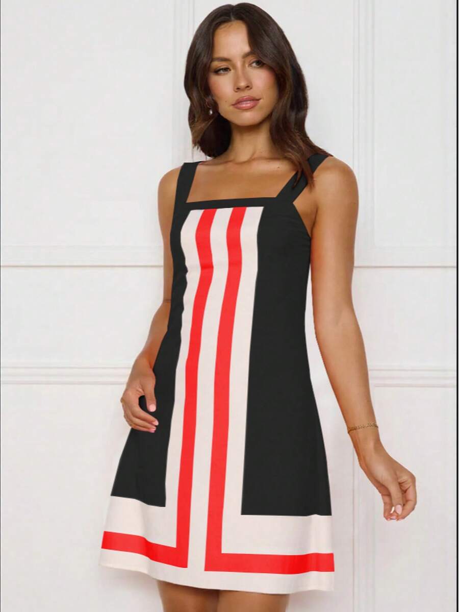 Summer Women's Striped Mini Dress – Square Neck Color Block Short Sundress, Sexy Beach Vacation Outfit, Club Party Casual Dress, Y2K Cute Fashion Outfit - Đen và Đỏ - Xem 1