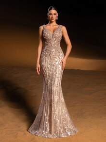 Faeriesty Haute Glamour Luxury Sleeveless Mermaid Sparkly Evening Gown With Deep V-Neck – Dense Shimmering Sequin & Bead Embroidery, Flowing Fish-Tail Skirt For Red-Carpet Luxury Weddings, Brand Galas & Formal Dinners For Women New Year