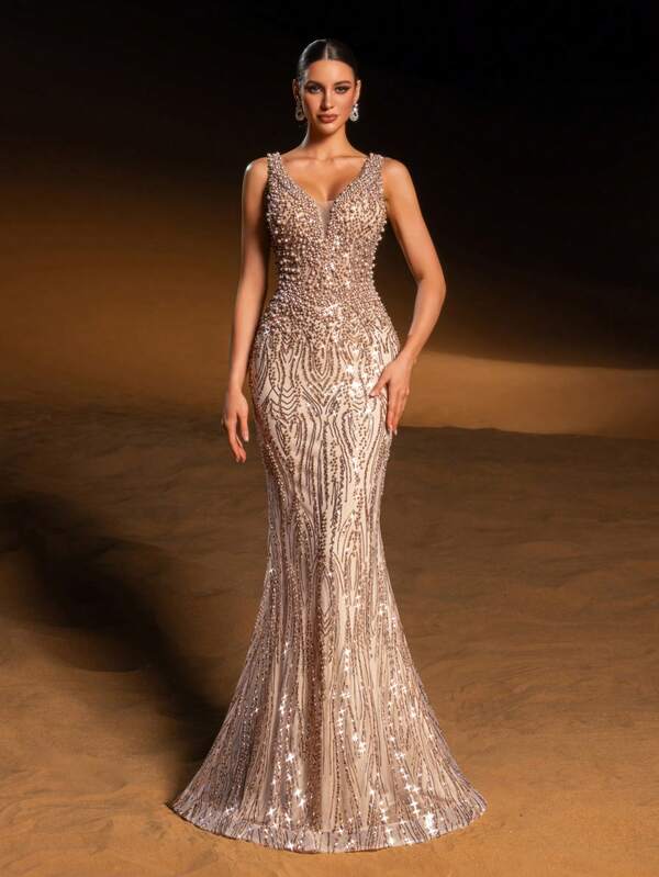 Faeriesty Haute Glamour Luxury Sleeveless Mermaid Sparkly Evening Gown With Deep V-Neck – Dense Shimmering Sequin & Bead Embroidery, Flowing Fish-Tail Skirt For Red-Carpet Luxury Weddings, Brand Galas & Formal Dinners For Women