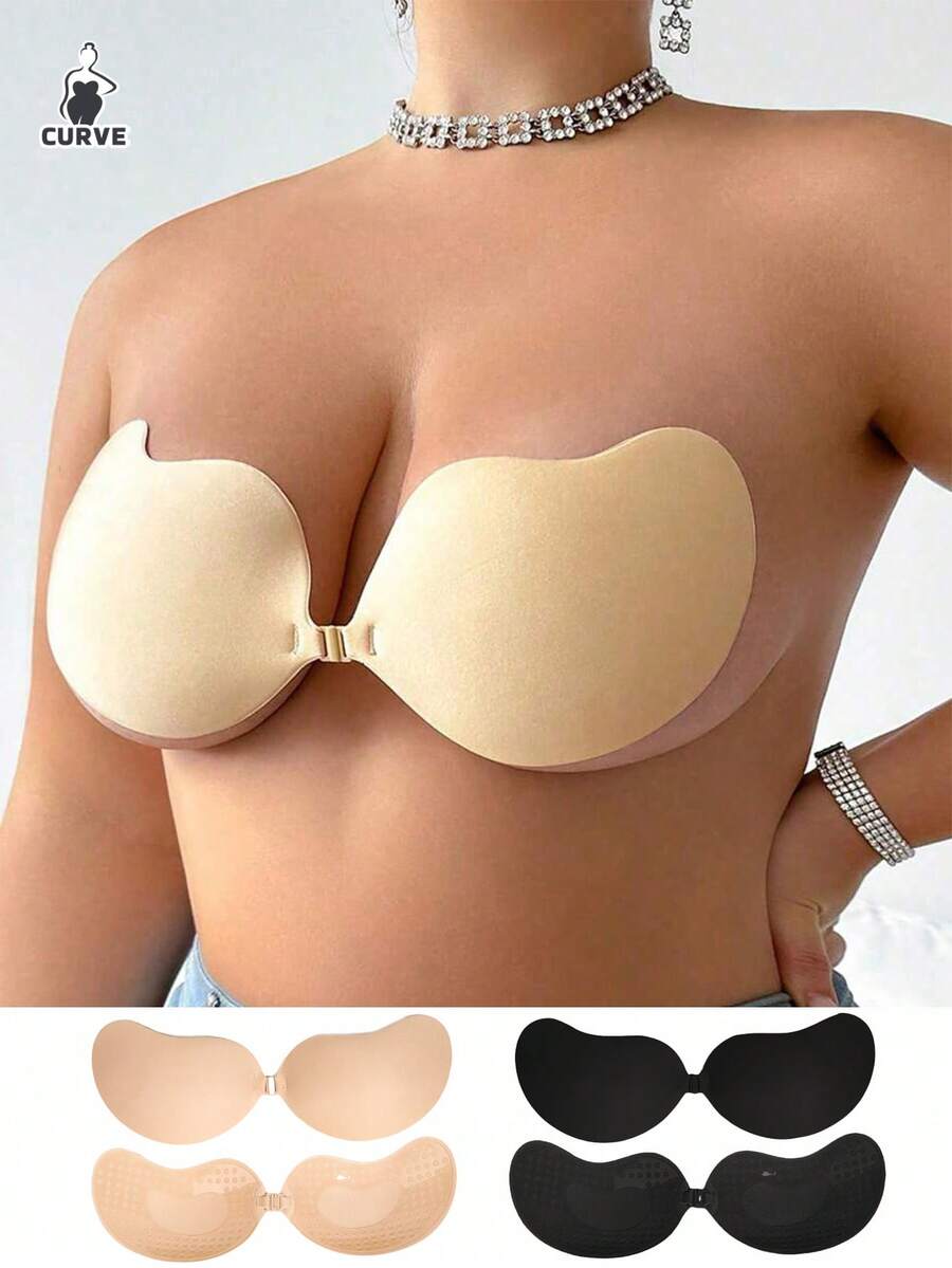 2/4PAIRS Plus Size Women's Invisible Adhesive Bra, Open Back Push-Up Bra, Reusable, Button Front Bra, Breast Augmentation - Breathable Skin-Friendly Cups, C-E Cups, Deep V Dress Open Back