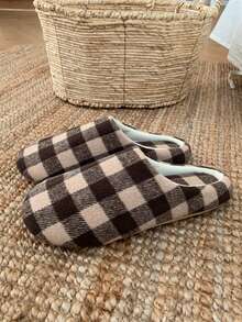 XIXITIAO 1双春夏格子图案拖鞋，男女通用静音室内平底拖鞋，复古情侣软底休闲拖鞋，透气四季家居鞋，闭趾经典室内平底拖鞋 - 棕色格子 - 查看 9