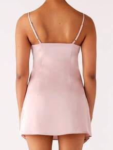 Women's Mini Cami Dress Stylish Sequin Flower Embroidered Square Neck Spaghetti Strap Dress - 粉色 - 查看 4