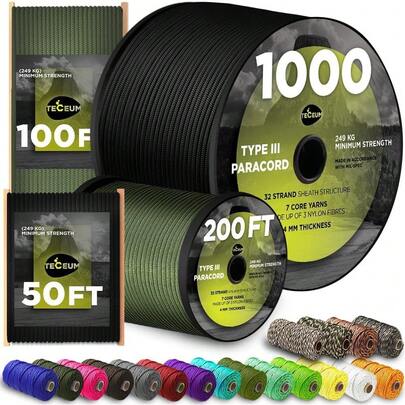 TECEUM 5/32" Paracord Rope 1000 – 1000ft / 200ft / 100ft / 50ft – Tactical Parachute Cord 4mm – 45+ Colors – Nylon String For Survival & Camping Gear – Stripe Cord For Survival – Utility Rope