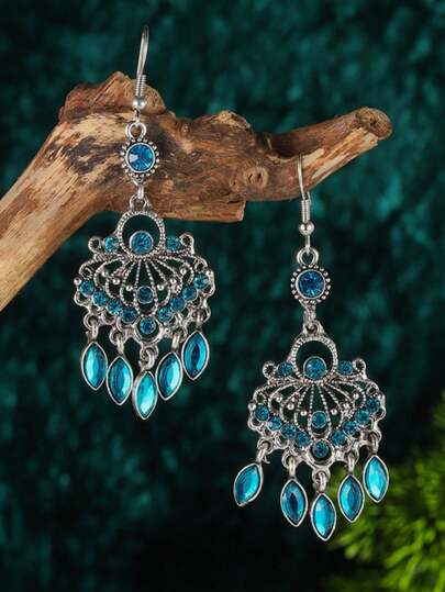 2 piezas Pendientes de flecos con forma de lágrima vintage, pendientes elegantes decorados con cristales de estilo chino de aleación para mujeres