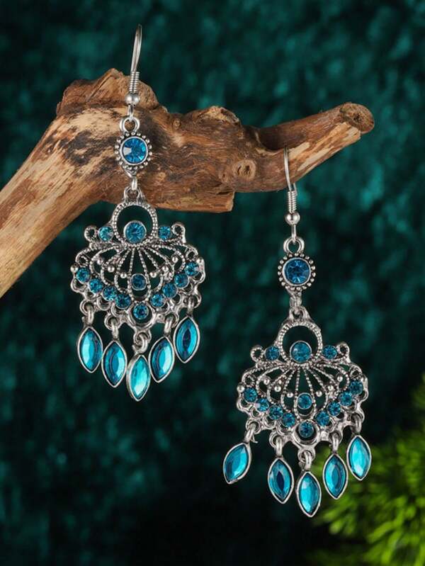 2pcs Vintage Teardrop Tassel Earrings, Alloy Rhinestone Decorated, Chinese Style Creative European And American Fashion Earrings