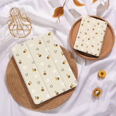 Kingsung Minimalist Bee & Floral Pattern Tablet Protective Case, Compatible With IPad 9.7/10.2/10.5/10.9/12.9/Pro 11 (10th Gen), Galaxy Tab S6 Lite 10.4", Kindle Paperwhite (12th Gen, 2024), Kindle (11th Gen, 2022), Kobo Clara Colour, Soft Shock-Proof, Smart Stand/Auto Wake/Sleep Function