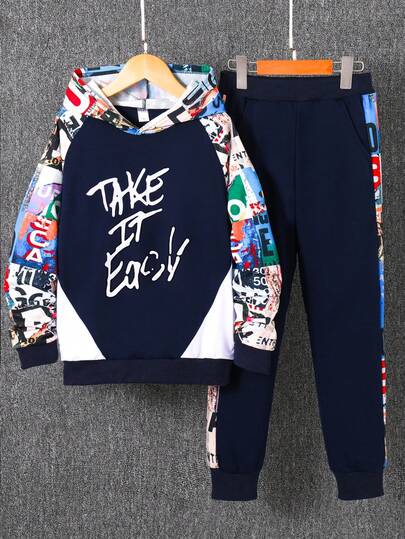 Set de 2 piezas Sudadera con capucha y pantalón jogger con estampado de letras para niños, conjunto deportivo casual para otoño/invierno