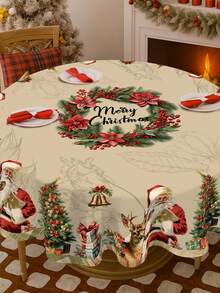 1件复古布艺圣诞桌布，圣诞老人树花环图案，圆形/方形可选，适用于家居装饰、厨房装饰、房间装饰、圣诞桌布/桌裙、圣诞饰品、圣诞派对、圣诞礼物、圣诞派对小礼物、平安夜装饰、2026新年装饰