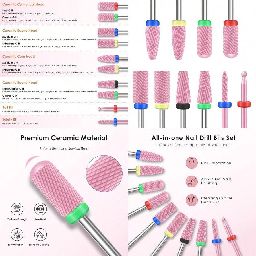 YP 10PCS Ceramic Nail Drill Bits Profional 3 32 Inch Electric Manicure Pedicure Drill Bits Nail Tech Set For Acrylic Gel Nails Efile Cuticle Remover Safety Bit For Nail Drill File Pink - 粉色 - 查看 1