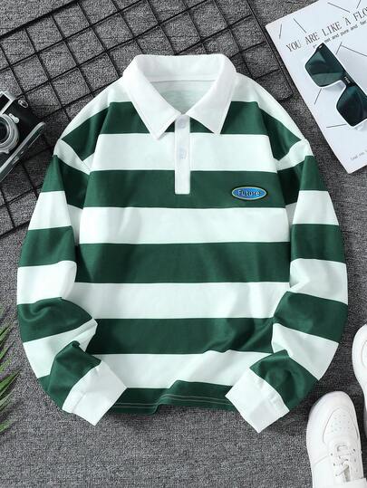 1pc Boys' Classic Everyday Casual Colorblock Striped Polo Collar Sweatshirt, Autumn/Winter