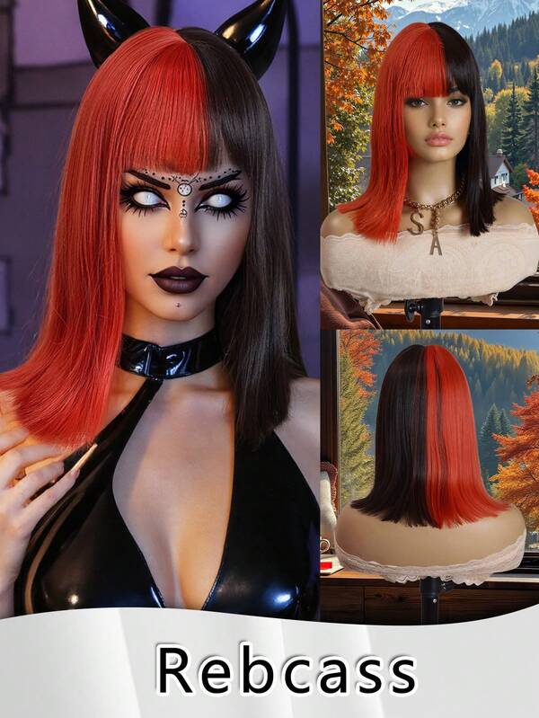 Halloween,Costume Party Dress Up, FestivalRole-Playing Headband.Trick-Or-Treat 12Inch Black And Green Straight Short Wigs With Bangs With Bob Synthetic Fiber Heat-Resistant Wig Fully Machine Manufactured For Daily Gatherings, High-Quality Women's Natural And Beautiful Synthetic Soft Fake Fiber Hair Christmas