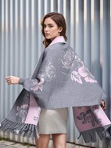 1件流苏牡丹花加厚围巾披肩斗篷外套，可搭配连衣裙