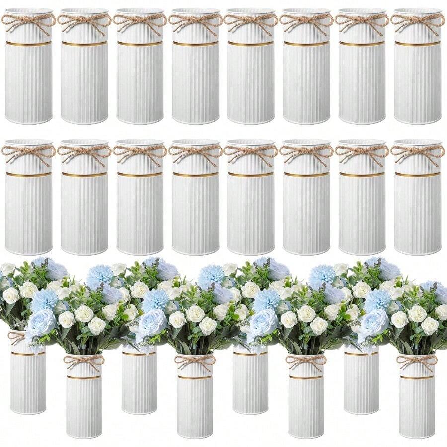 16 Pcs 7. 48 Inch Vases For Centerpieces Mason Jars With Twine Bow Galvanized Metal Flower Vase Rustic Vintage Farmhouse Tin Bucket Decor For Artificial Flowers Wedding Home Table White - 白色 - 查看 1