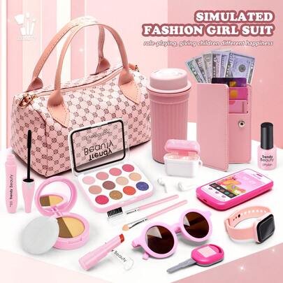 41pcs Fashion Girl Pretend Game Cosmetics Jewelry Set, Little Girl Play Toys With Simulated Eye Shadow Lipstick Handbag Glasses Watch Earphone Wallet Credit Card Currency Key, Simulated Game Dress-Up Accessories (Cosmetics Are Not Real Makeup), Children's Makeup Role-Playing, Ideal Birthday Gift For Halloween And Christmas.