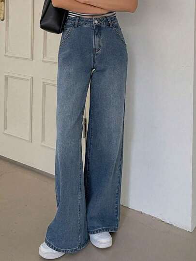 Fashionable Women's Casual Loose Comfortable Straight Wide-Leg Jeans, Solid Color Cute Casual Elegant Denim Pants, Suitable For Office, Daily Wear, Dates, Holidays, All Seasons