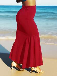 Jupe évasée à taille nouée en tissu tricoté de couleur unie pour femmes grandes tailles, convient pour toutes les saisons - Rouge - Voir 3