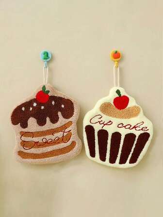 1/2pcs卡通蛋糕可爱手巾可悬挂学生厚款厨房浴室悬挂式方便家用携带浴室厨房装饰洗碗布厨房巾