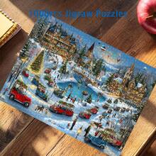 1 caja de 1000 piezas de rompecabezas para adultos - Pueblo de festival de invierno, coches vintage, río congelado, 75x50cm, decoración artística, ideal para regalos festivos, sin marco, perfecto para Halloween, Acción de Gracias, Pascua, Ramadán Mubarak, mejor para Navidad